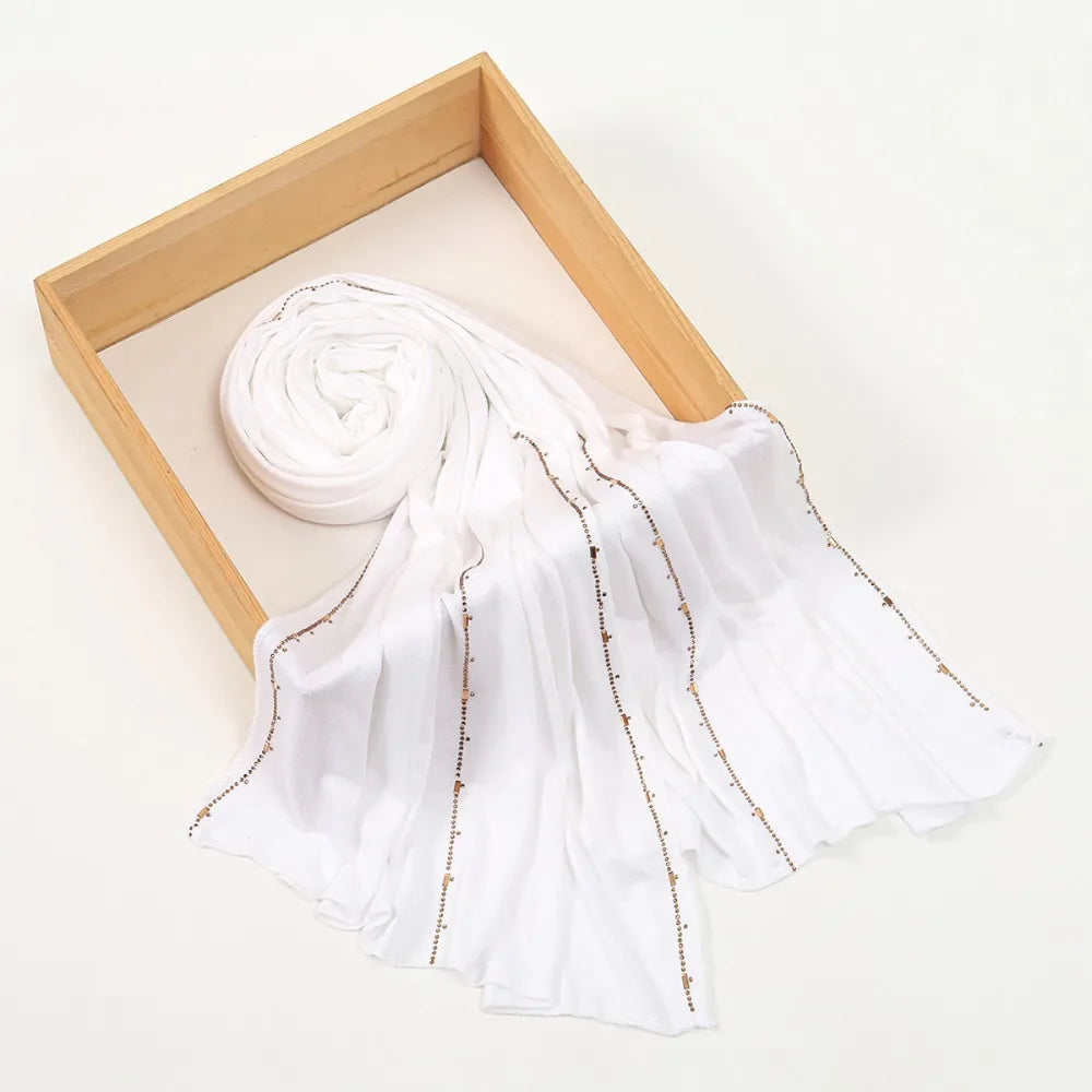 New Breathable Rhinestone Hijab Scarf Soft Glitter Shimmer Edge Headband Turban Solid Color Headscarf For Women