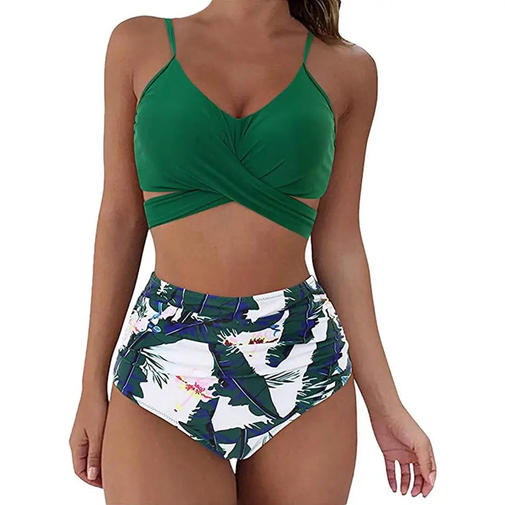 High Waist Bikini Set — Cross Front Top & Ruched Bottoms | Women's Swimwear