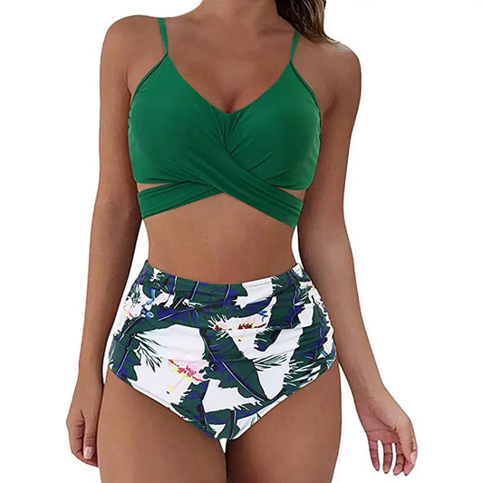 High Waist Bikini Set — Cross Front Top & Ruched Bottoms | Women's Swimwear