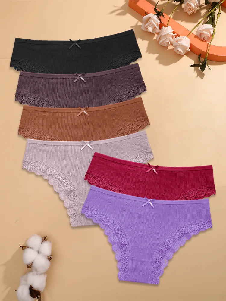 FINETOO 6PCS Women's Cotton Lace Underwear Sexy Crossed Belts Brazilian Panties Female Low Rise Breathable Briefs Soft Lingerie