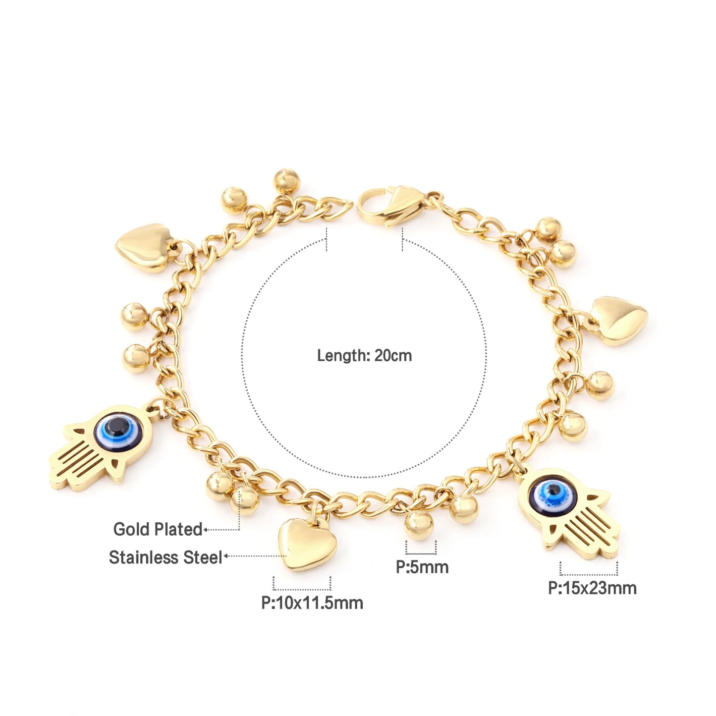 Evil Eye Bracelet – 18K Gold-Plated Stainless Steel Boho Charm Bracelet for Women