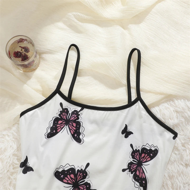 Butterfly Print Satin Sleep Dress — Spaghetti Strap Mini Nightgown