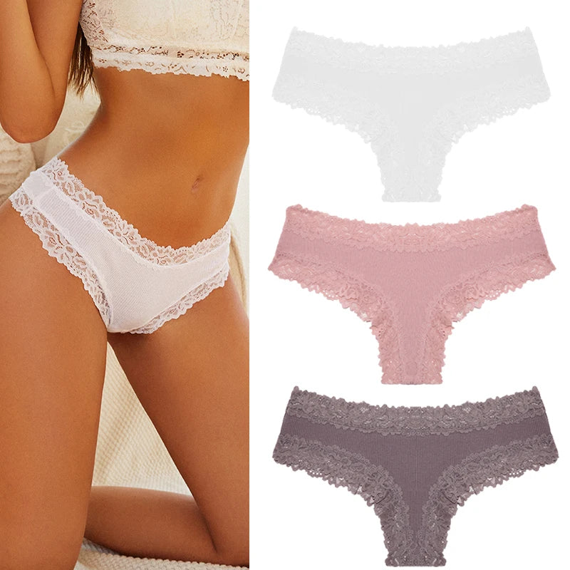 Women's Cotton Lace Briefs – 3-Piece Set | Soft Low-Rise Stretch Underwear (S–XL)