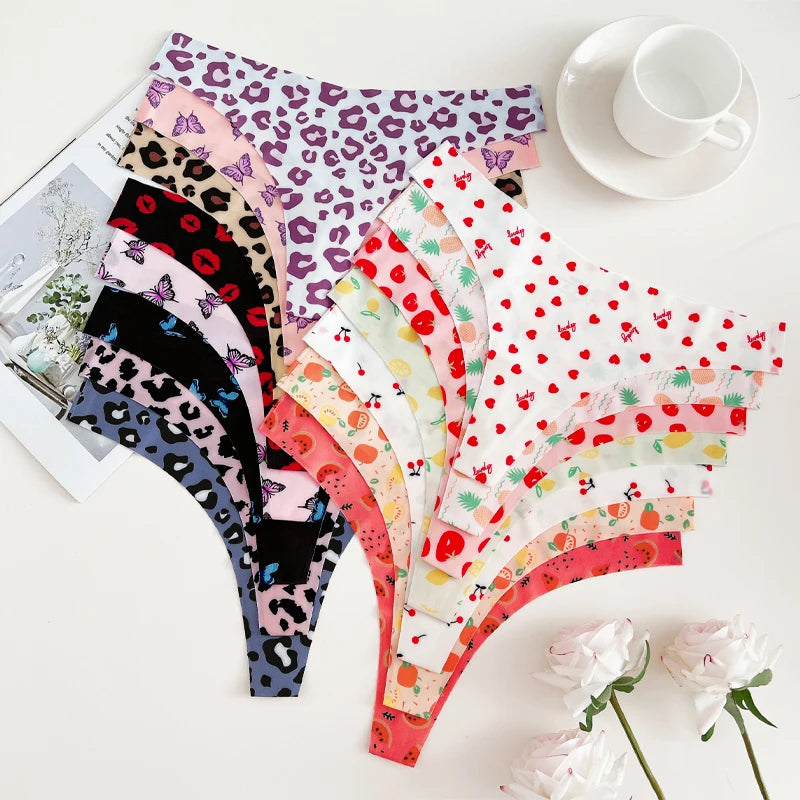 5-Pack Ice Silk Printed Thongs — Seamless Low-Rise G-String Panties