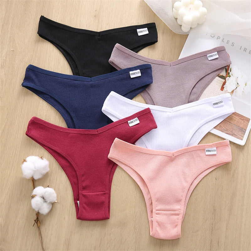 FINETOO 7Pcs Cotton Striped Brazilian Panties Women's Underwear Low-Waist Breathable Briefs Female Low-Rise T-Back Lingerie M-XL