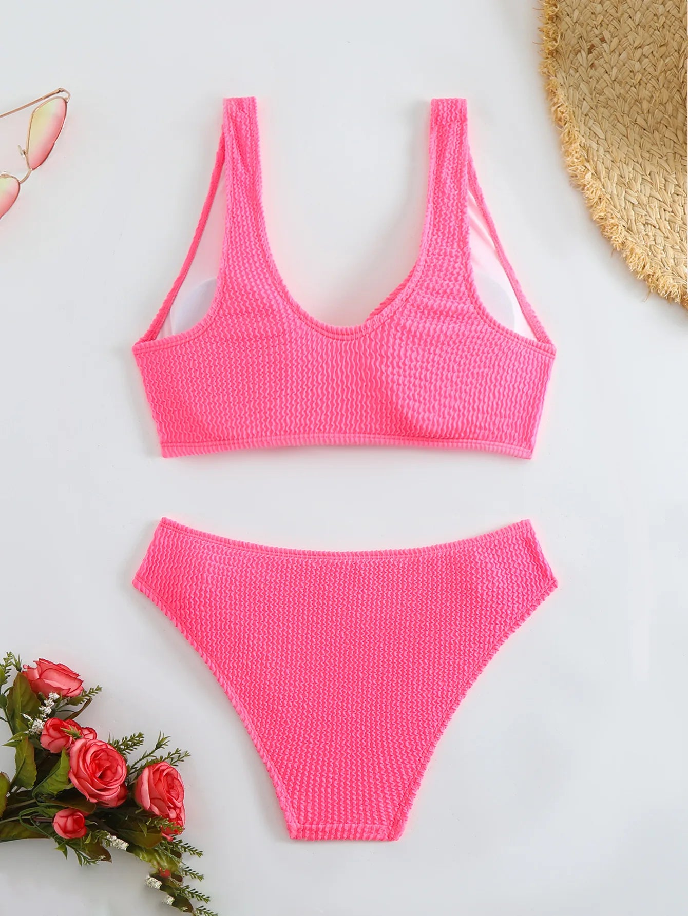 Solid Color High Waist Bikini Set — V-Neck Textured Top & Cheeky Bottoms | Women's Swimwear