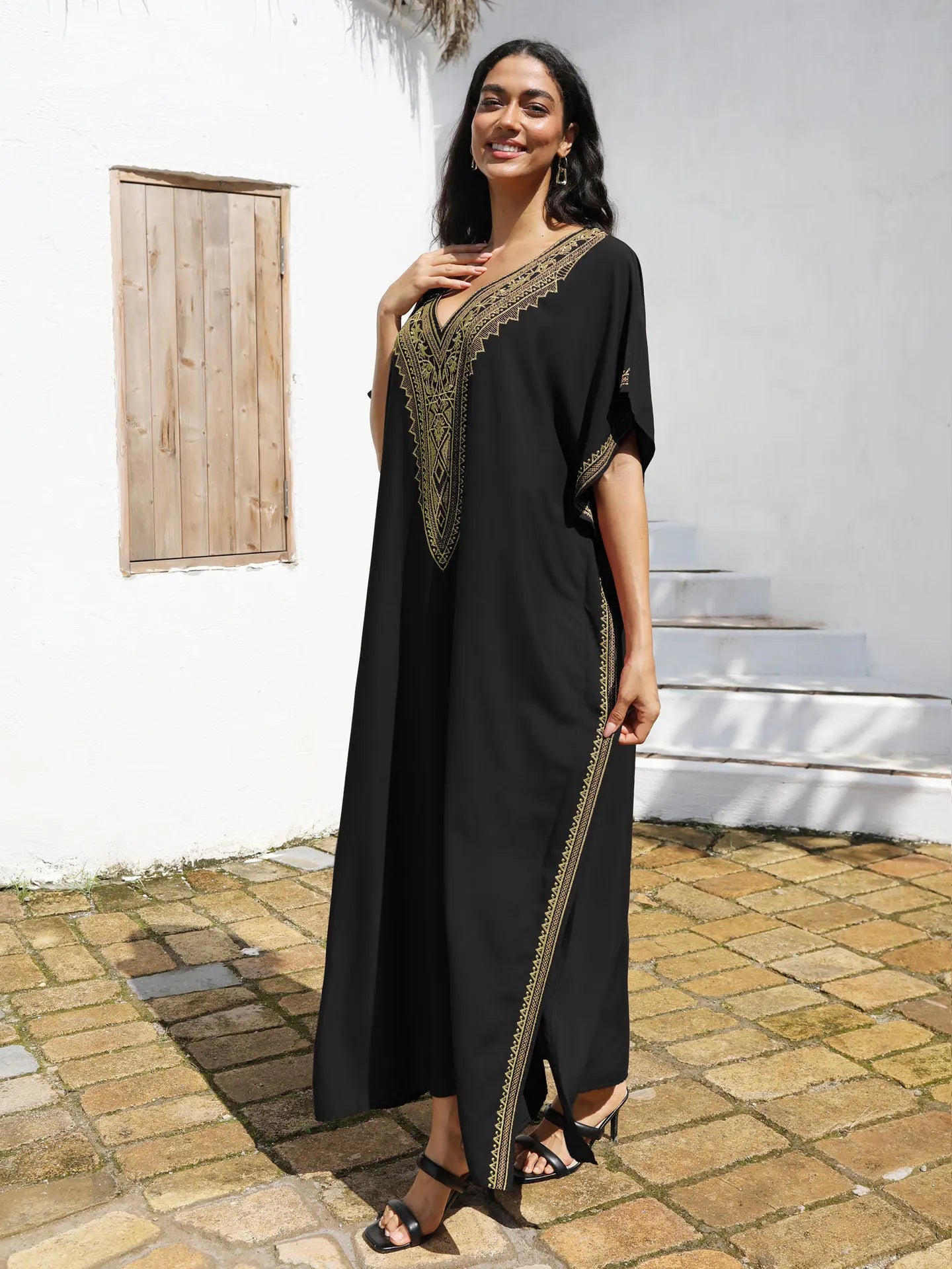 Embroidery Beach Cover-Up Kaftan — Loose V-Neck Long Robe | Women's Swimsuit Cover-Up