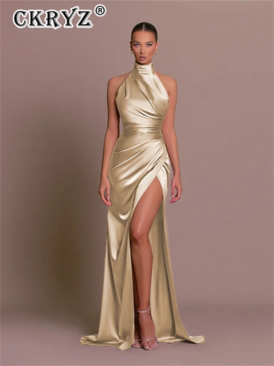 Halter Backless Side Slit Maxi Dress – Sleeveless Knit Floor-Length