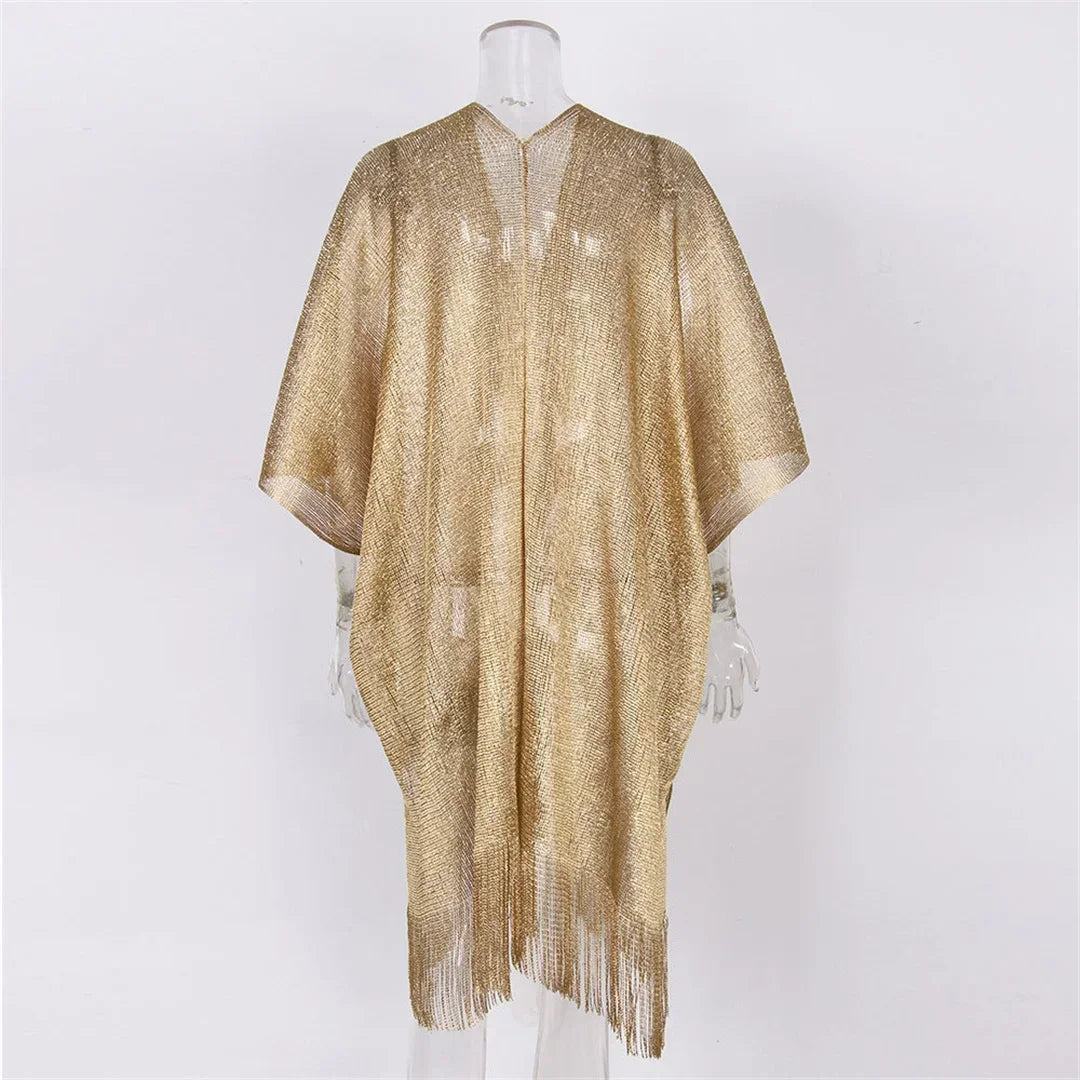 Metallic Tassel Trim Beach Cover-Up — Sheer Kimono | Women's Swimwear