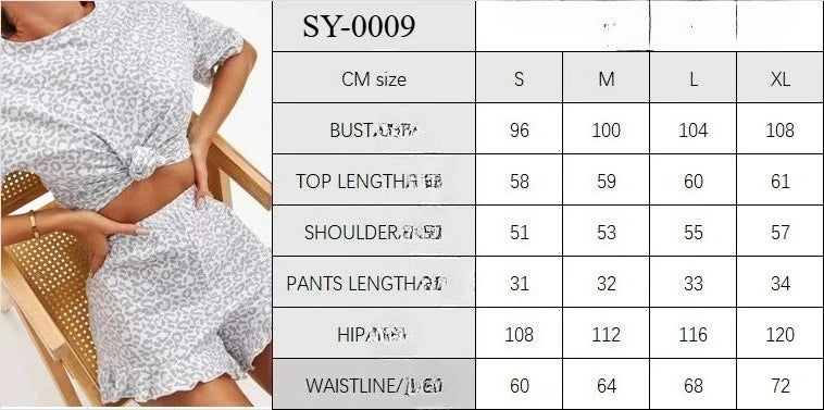 Leopard Print Short-Sleeve Pajama Set – Round Neck Top & Shorts, Cotton Homewear (S–XL, 2 Colors)