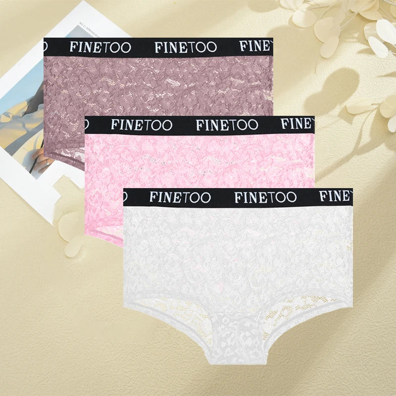 FINETOO 3Pcs Lace Hollow Out Boyshorts Underwear Women's Elastic Belt Panties Sexy Transparent Floral Briefs Breathable Lingerie
