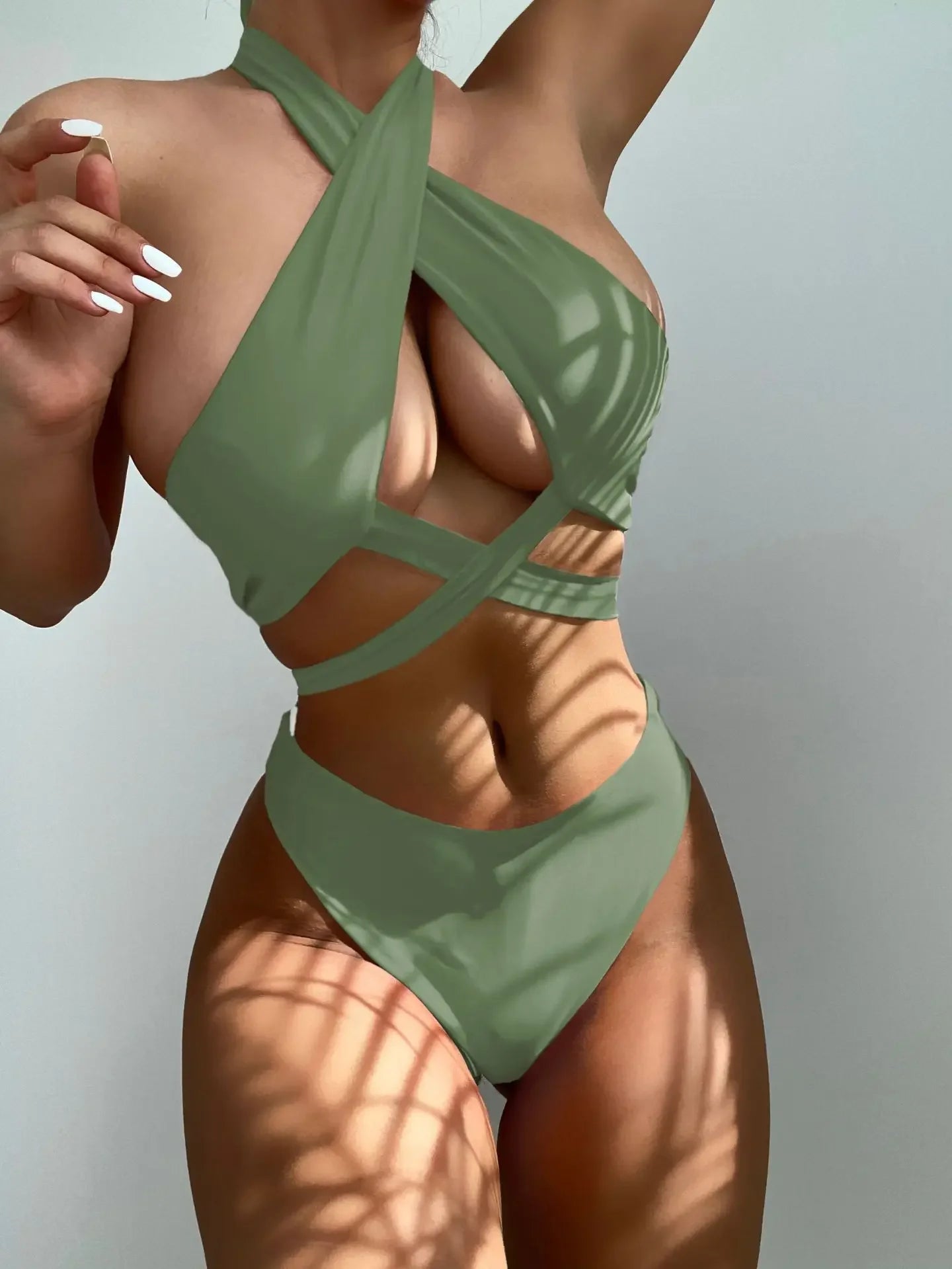 Cross Halter Hollow-Out Bikini Set — High Neck Wrap Top & High Waist Bottoms | Women's Swimwear