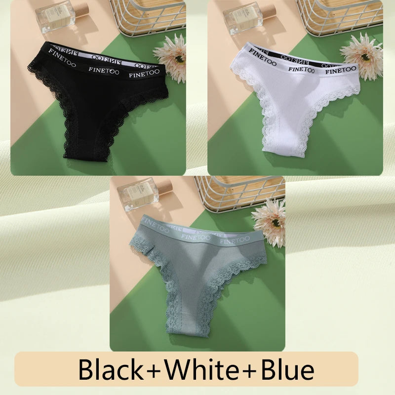 3-Pack Cotton Lace-Trim Brazilian Thongs — Logo Waistband Low-Rise G-String M–2XL