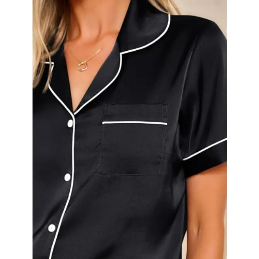 Silk Satin Pajama Set — Button-Down Shirt & Shorts | Women's Sleepwear