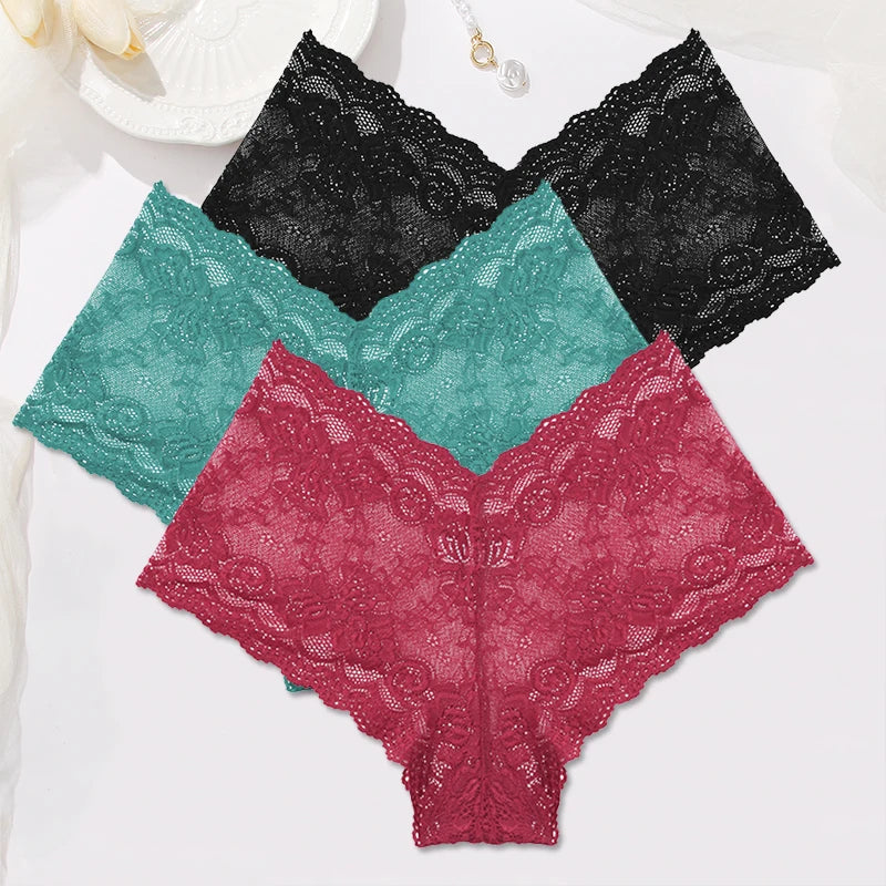 3-Pack Floral Lace Boyshort Panties – Low-Rise Ultra-Thin Underwear for Women (S–XL, 10 Color Sets)