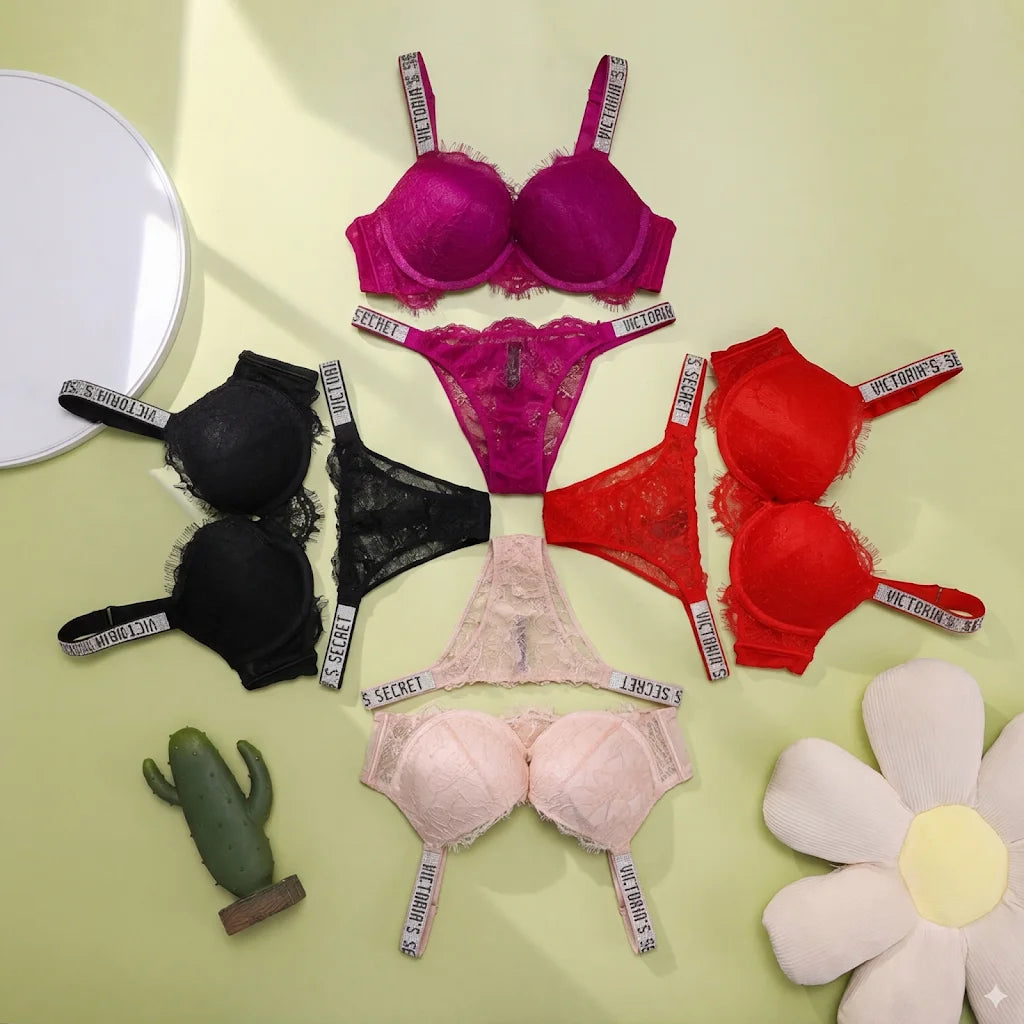 Crystal Strap Lace Push-Up Bra & Thong Set — Underwire Eyelash Lace | Women's Luxury Lingerie