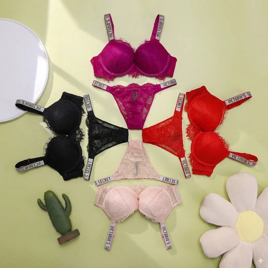 Crystal Strap Lace Push-Up Bra & Thong Set — Underwire Eyelash Lace | Women's Luxury Lingerie