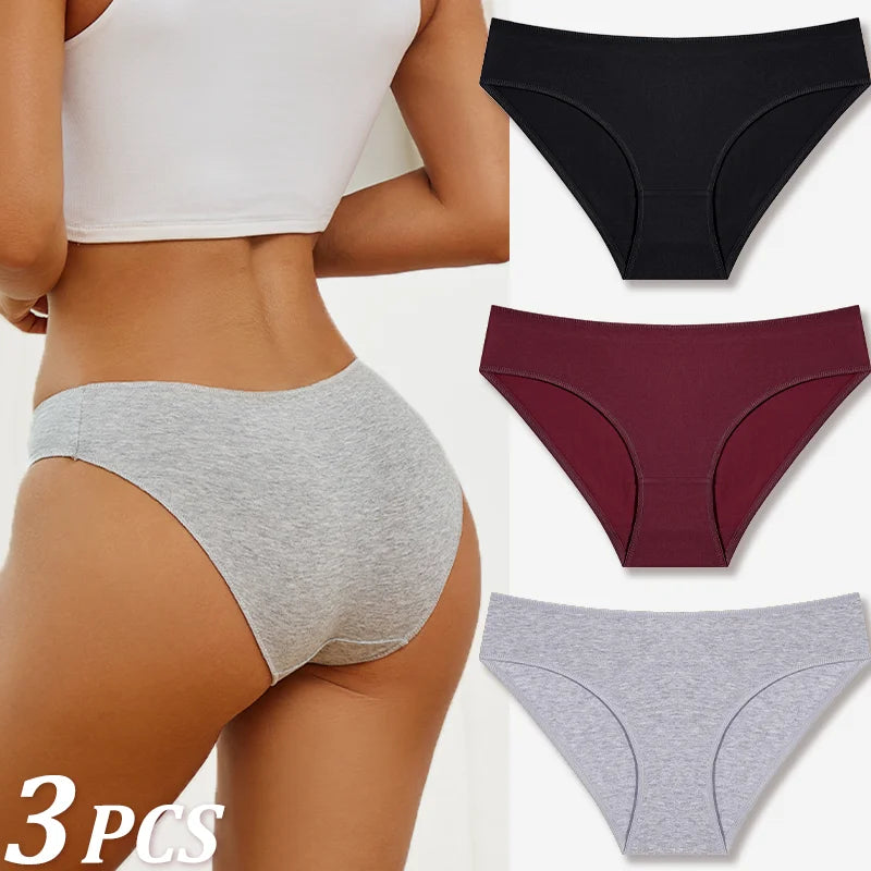 3-Pack Cotton Low-Rise Briefs – Breathable Lace-Trim Underwear for Women (S–XL, 20 Color Sets)