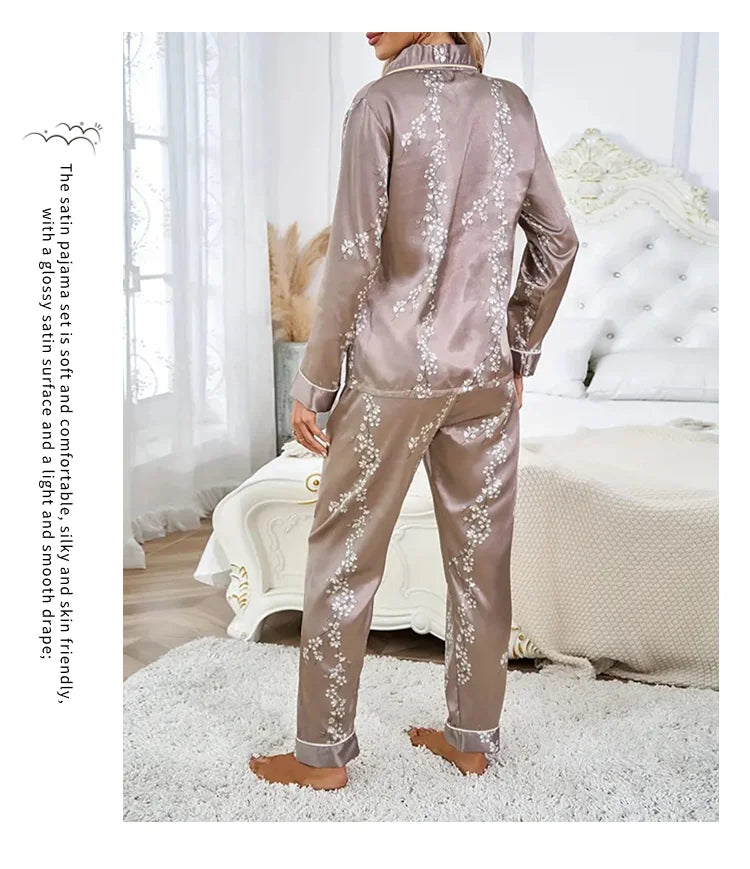 Satin Floral Pajama Set — Long Sleeve Button-Up Top & Pants
