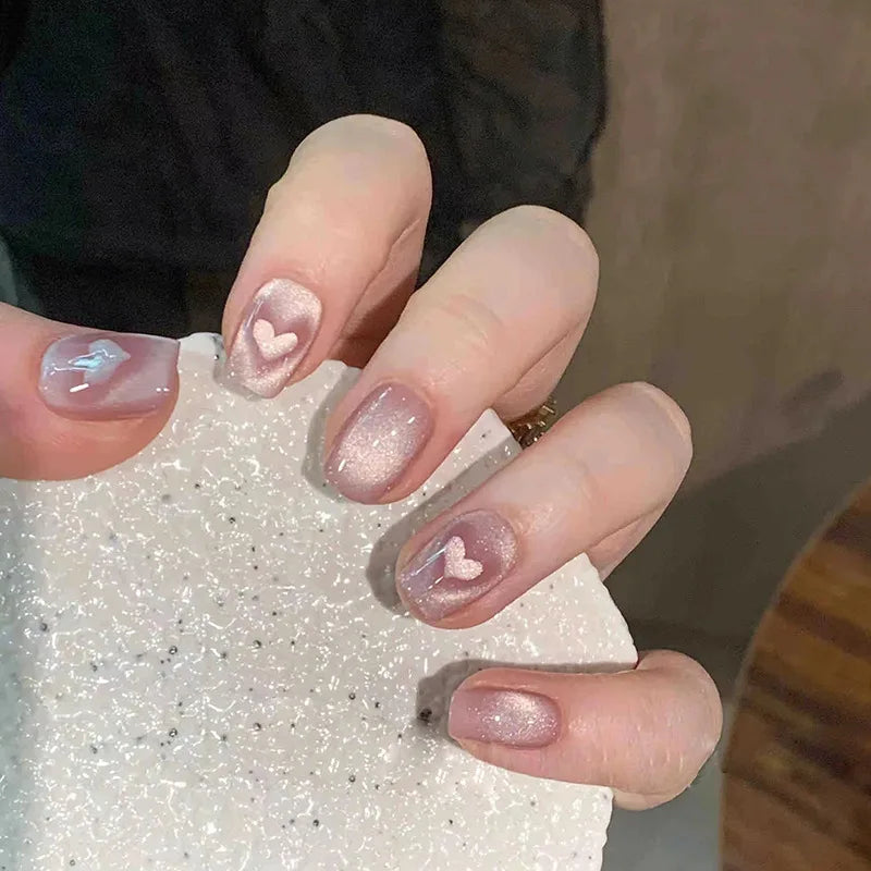Short Square Cat Eye Press-On Nails with Glue - 24-Piece Set