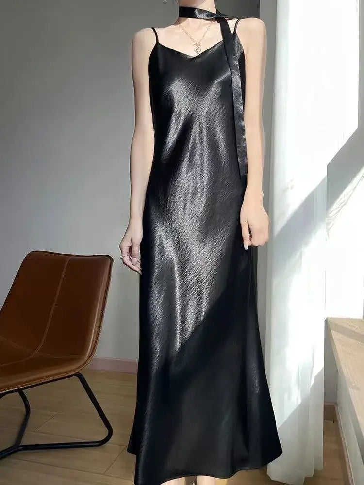 French Elegant Satin Camis Dress Women Summer Loose with Ribbon Midi Dress Female Fashion Aesthetic Party Evening Slip Dress