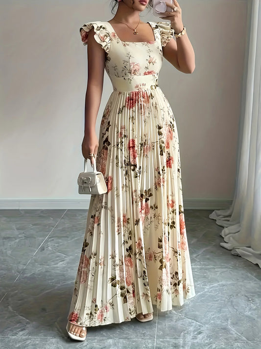 Floral Pleated Midi Dress – Square Neck Ruffle High Waist