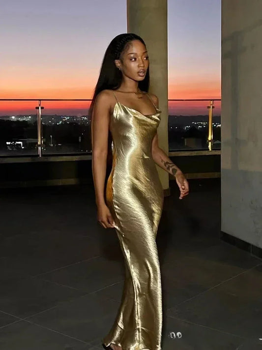 Lace-Up Halter Satin Maxi Gown – Backless Sleeveless Party Dress