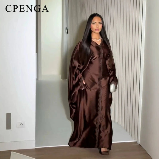 Women's Luxury Dubai Abaya – V-Neck Open Front Flowy Modest Dress | Long Sleeve Summer 2026
