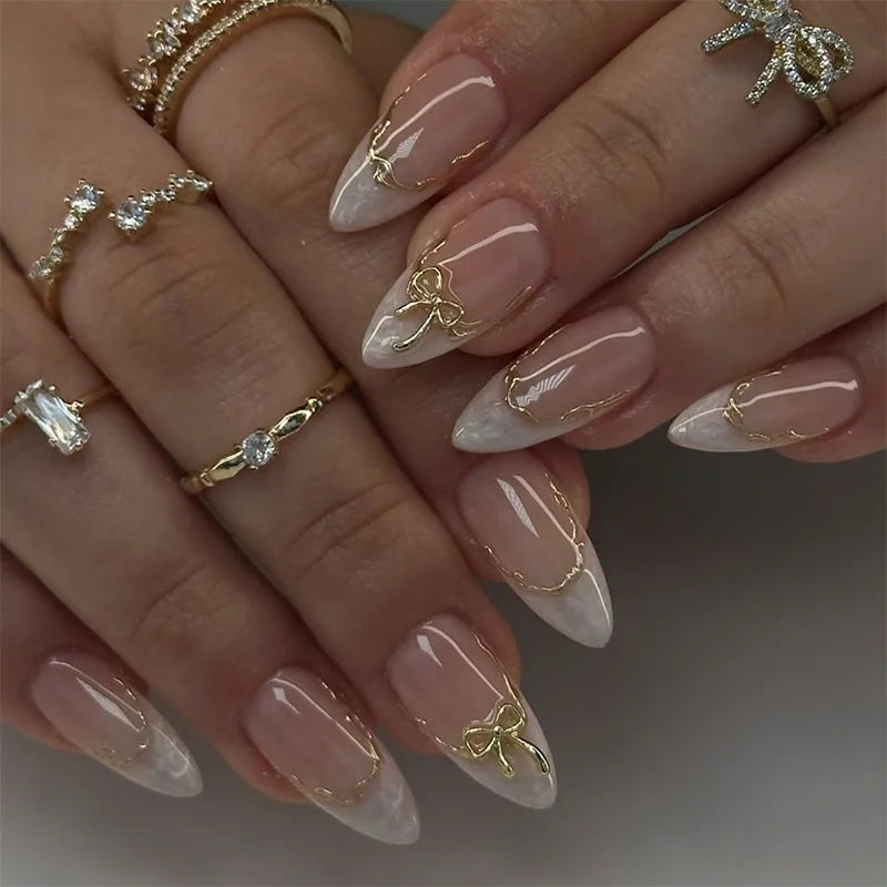 Medium Almond Cat Eye Press-On Nails - Glitter & Gold-Tone Designs, 24 Pieces