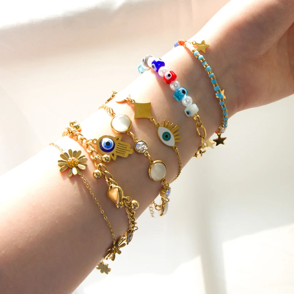 Evil Eye Bracelet – 18K Gold-Plated Stainless Steel Boho Charm Bracelet for Women