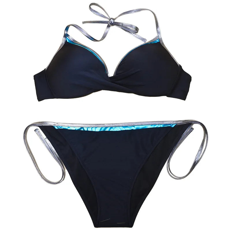 Neon Trim Twist Bikini Set — V-Neck Top & Side-Tie Low Waist Bottoms | Women's Swimwear