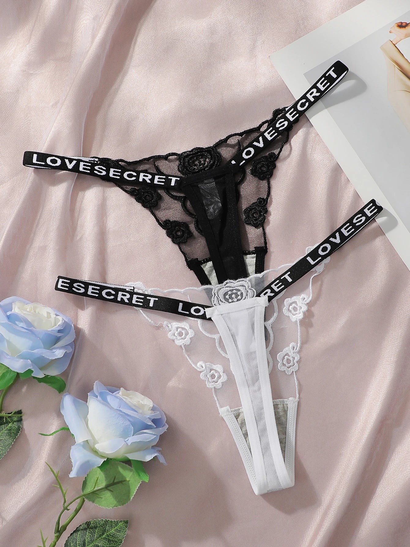 2-Pack Embroidered Rose Thong Set — Sheer Mesh G-String | Women's Sexy Lingerie