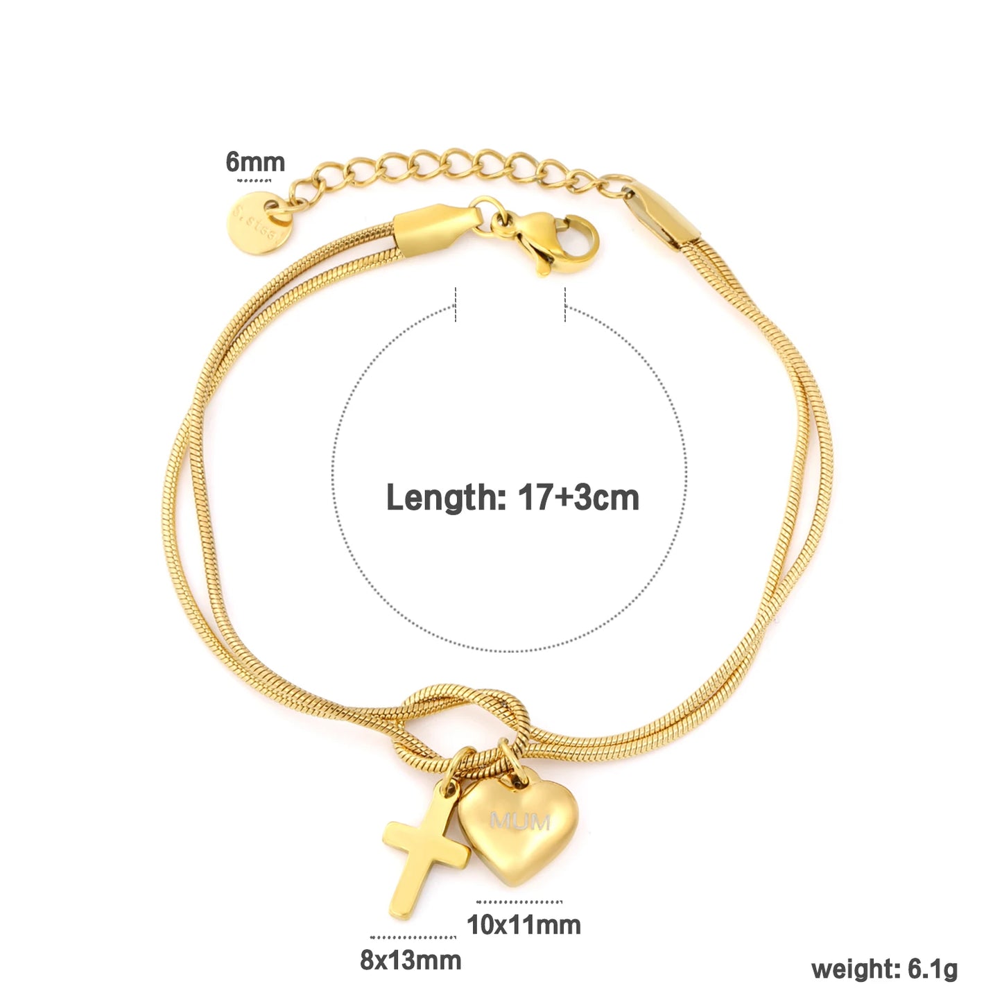 Cubic Heart Charm Bracelet – 18K Gold-Plated Stainless Steel Snake Chain for Women & Men