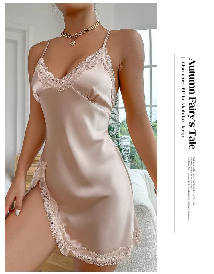 Lace-Trim Satin Slip Nightdress — Deep V Backless Mini Nightgown | Women's Sleepwear