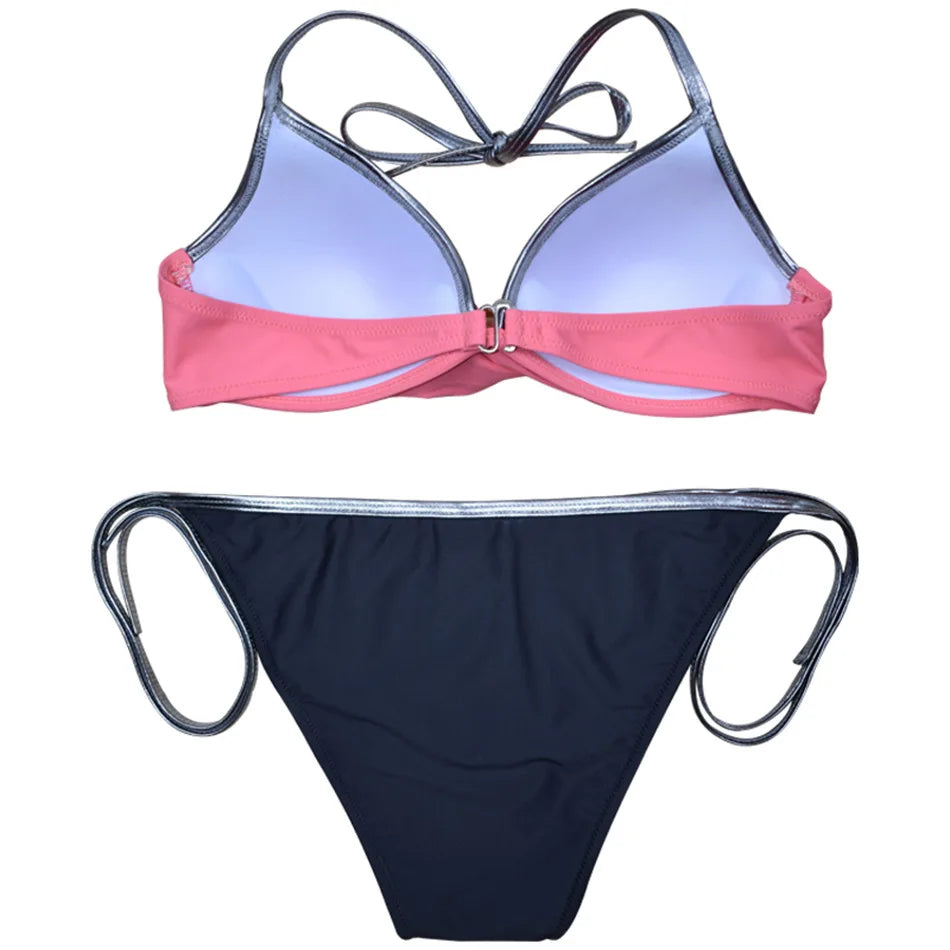 Neon Trim Twist Bikini Set — V-Neck Top & Side-Tie Low Waist Bottoms | Women's Swimwear