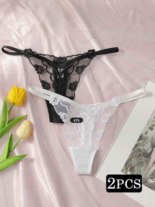 2-Pack Embroidered Rose Thong Set — Sheer Mesh G-String | Women's Sexy Lingerie