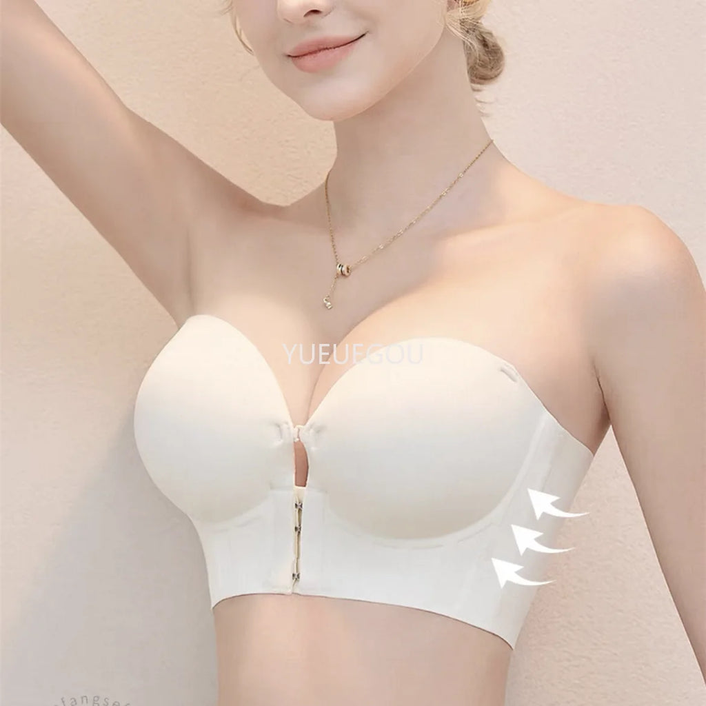 Women's 10CM Extreme Push Up Strapless Bra | Front Closure Anti-Slip Lift for AA-B Cup | No Side Bulge Seamless Invisible Bra for Small Chest (32–38 / 70–85)