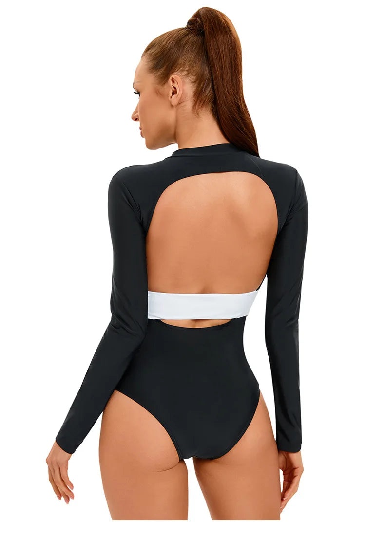 Long Sleeve Zip-Front Rash Guard One-Piece Swimsuit — UPF Sun Protection | Women's Swimwear