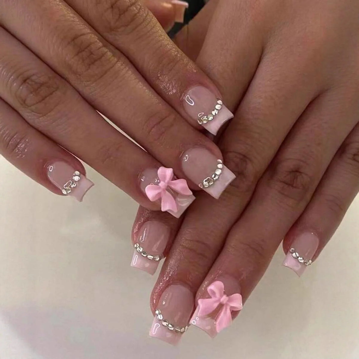 Medium Square Press-On Nails with Adhesive - Blush Pink Floral & French, 24 Pieces