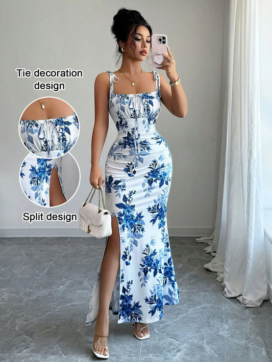 Drawstring Printed Bodycon Cami Dress – Slim Fit Split Hem | Sexy Everyday Dress