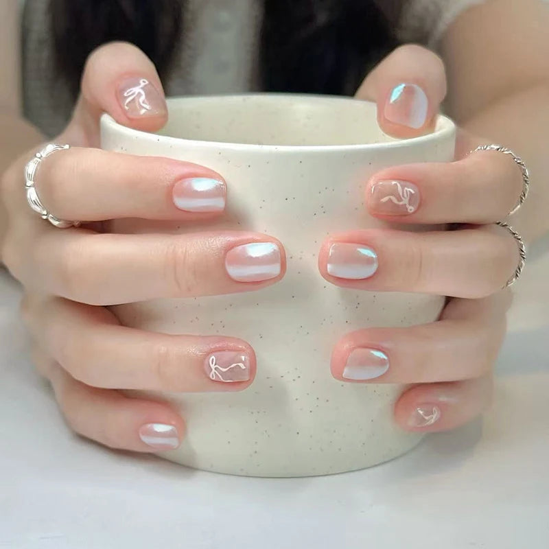 Short Square Cat Eye Press-On Nails with Glue - 24-Piece Set
