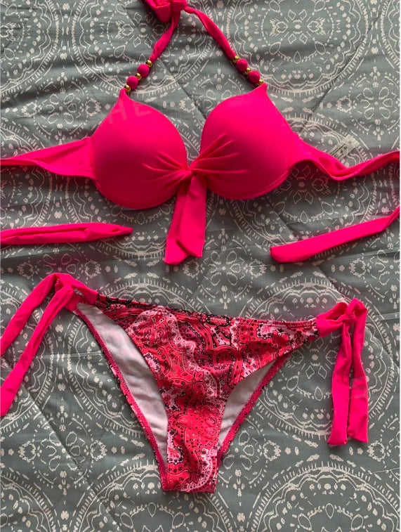 Push-Up Halter Bikini Set — Bow-Tie Top & Printed Side-Tie Bottoms | Women's Swimwear