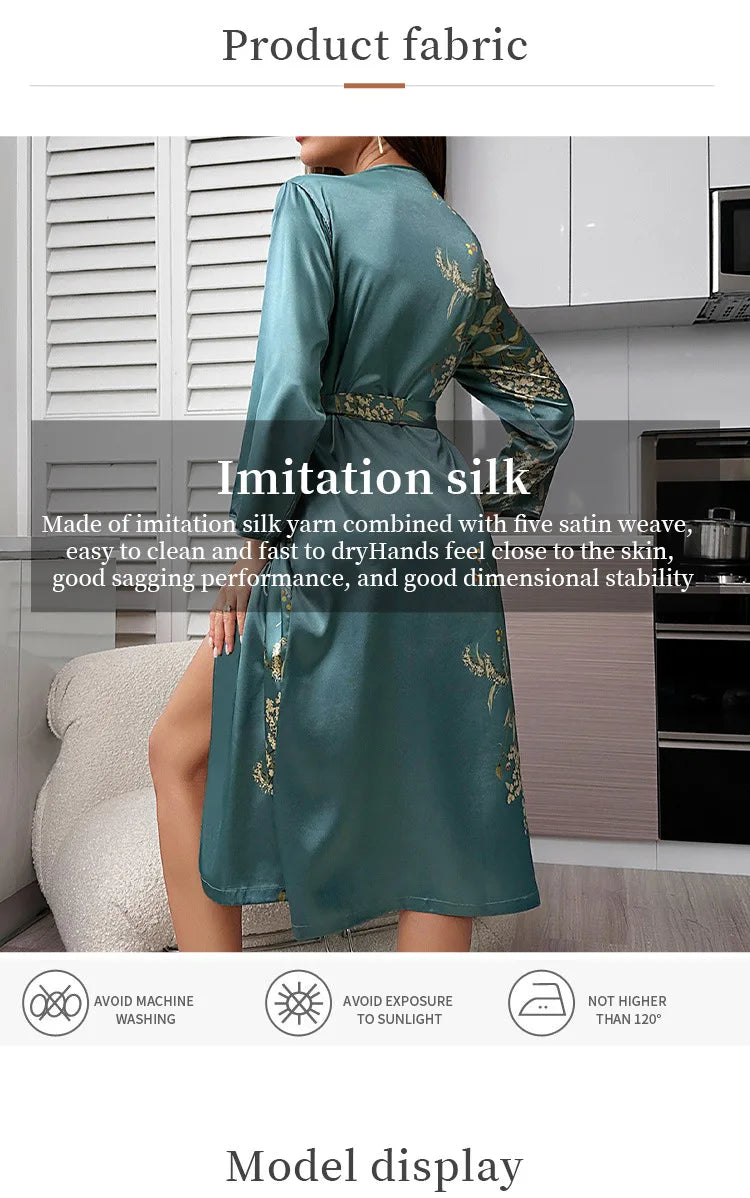 Women's Ice Silk Robe – Cherry Print Long-Sleeve Sleep Robe