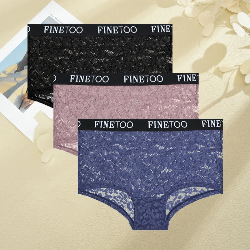 FINETOO 3Pcs Lace Hollow Out Boyshorts Underwear Women's Elastic Belt Panties Sexy Transparent Floral Briefs Breathable Lingerie