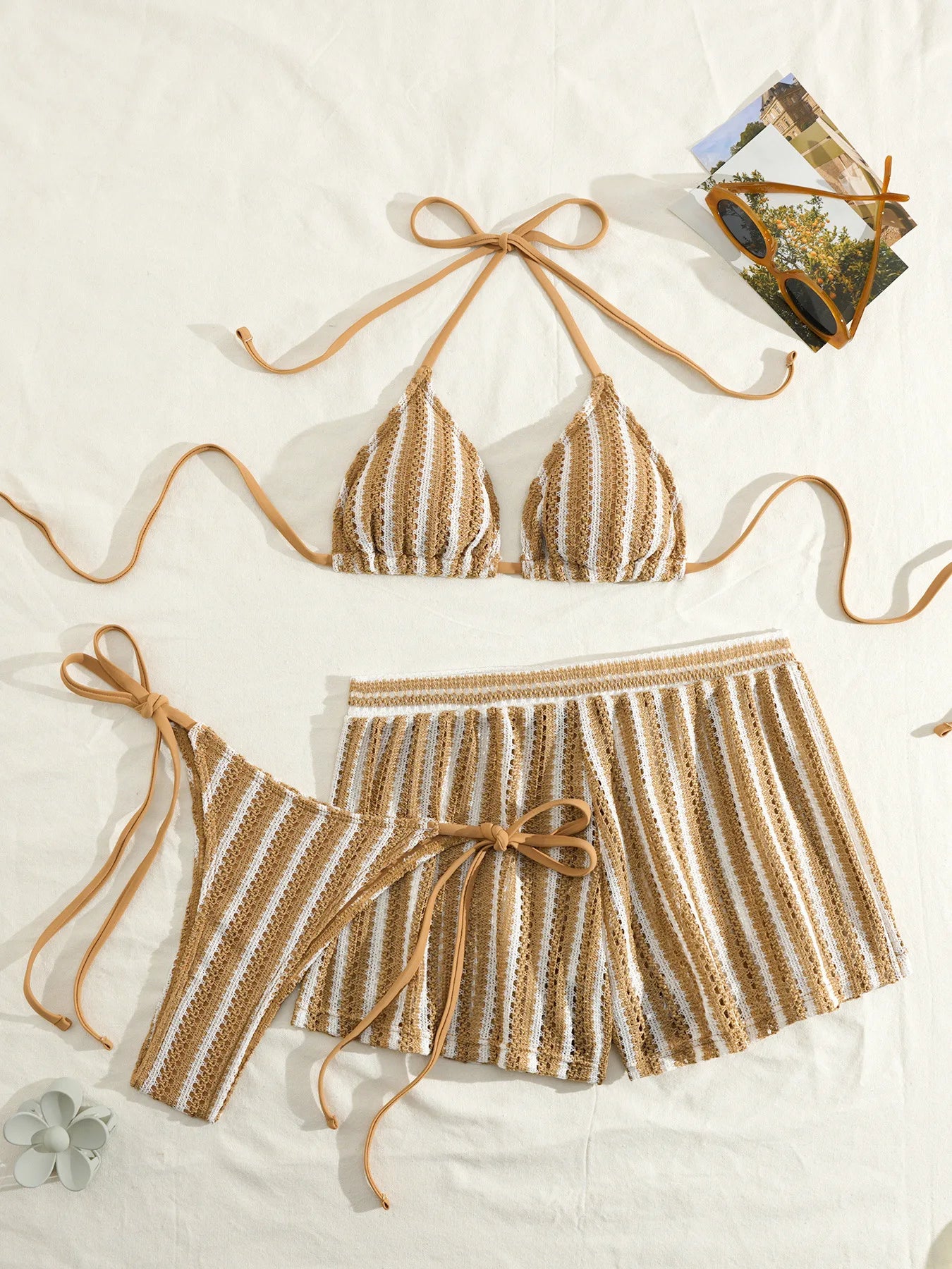 Striped Halter Triangle Bikini Set — 3-Piece with Mini Skirt Cover-Up | Women's Swimwear