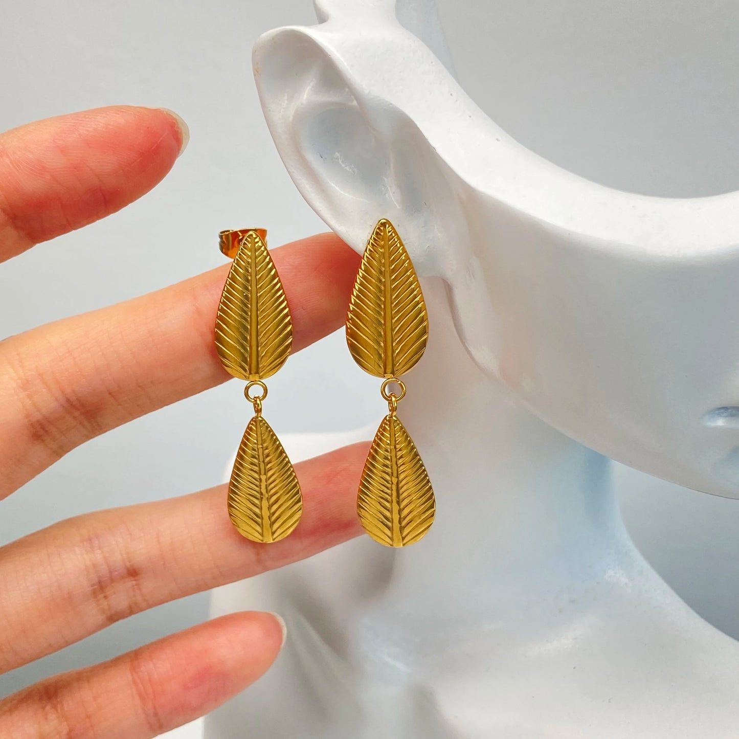 Leaf Drop Earrings – 18K Gold-Plated Textured Plant Leaf Dangle Earrings for Women
