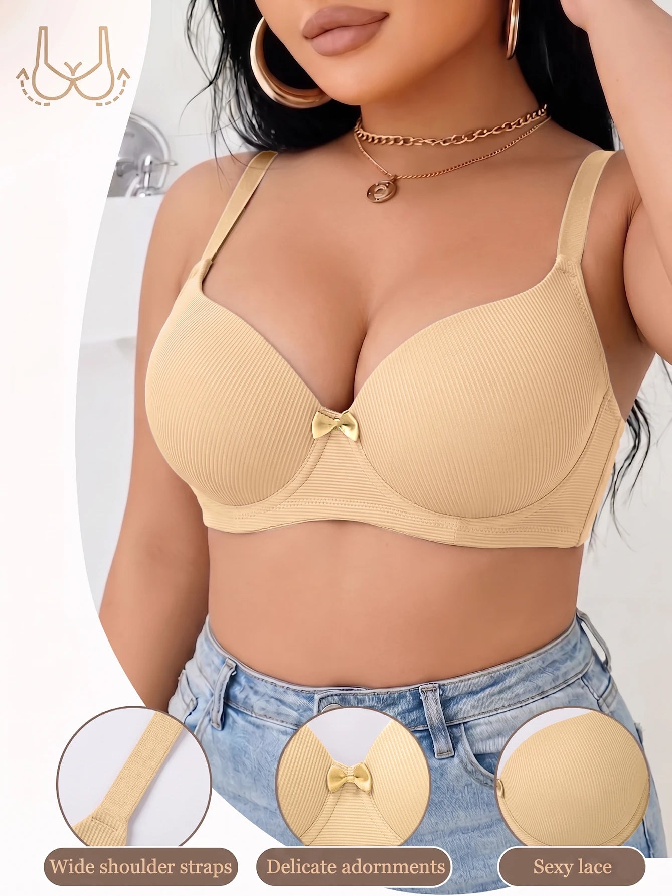 Plus Size Ribbed Push-Up Bra — Wide Strap Underwire Side Gather | Women's Bra