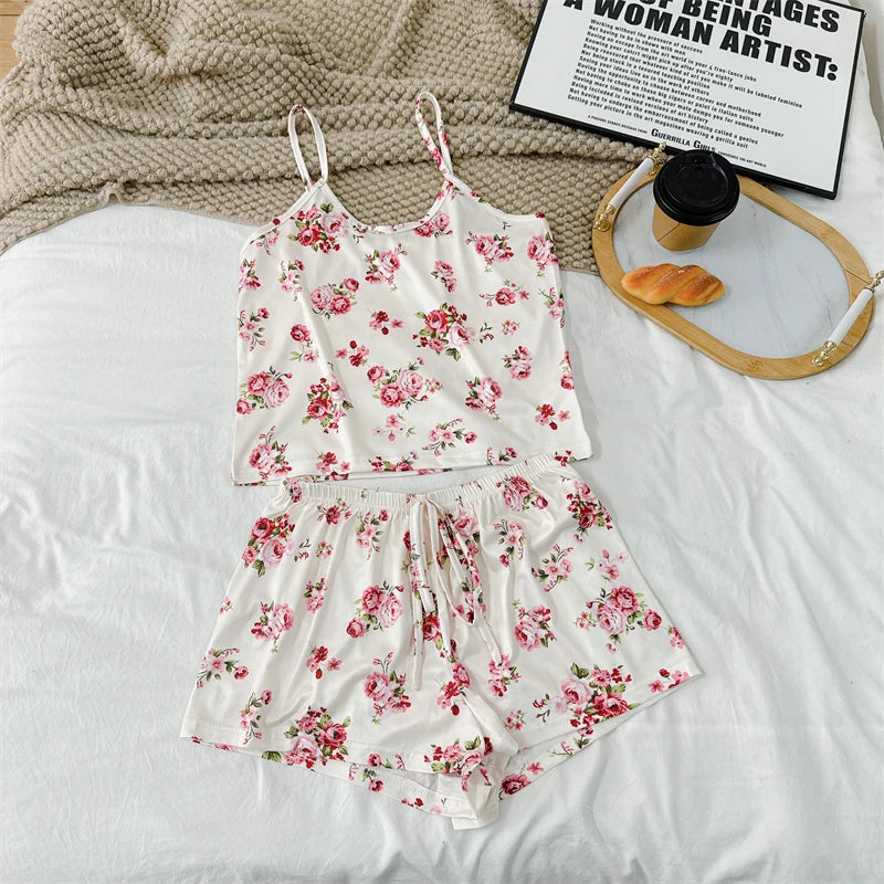 Cherry Print Ice Silk Pajama Set — Sleeveless Cami Top & Shorts