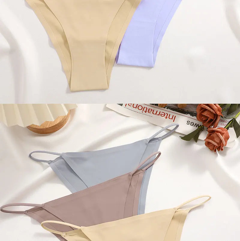 FINETOO 3Pcs Seamless Ice Silk Underwear New Color Sexy Thin Strap Briefs Girls Low Waist Breathable Panties No Trace Lingerie