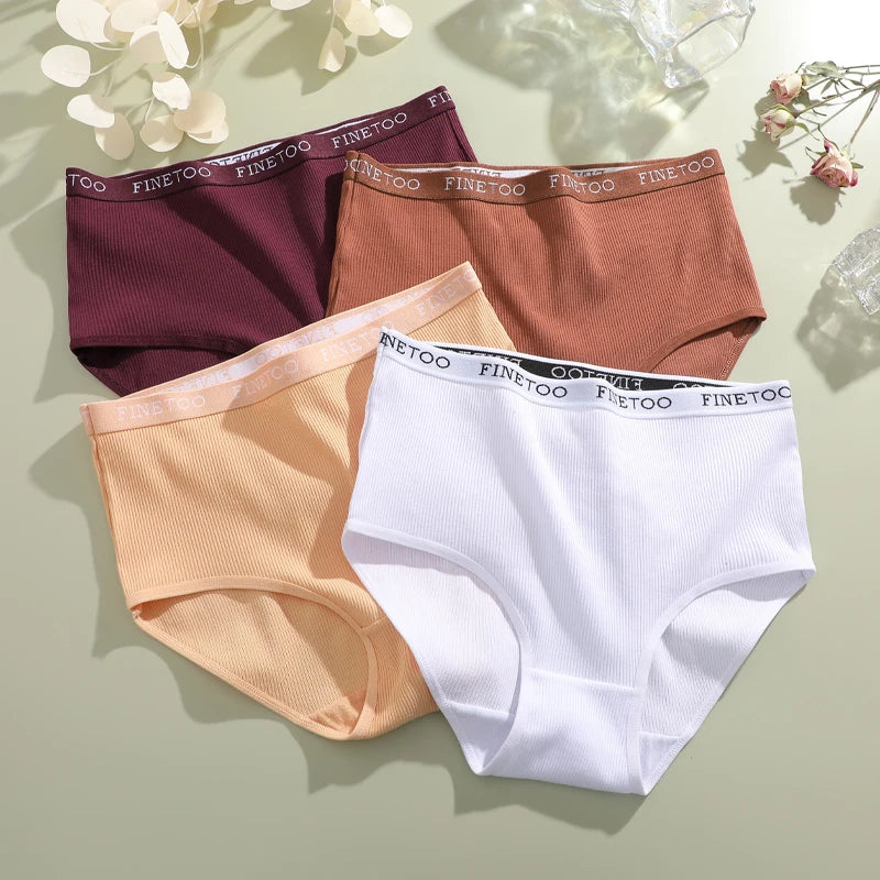 4Pcs/Set Women's Ribbed Striped Cotton Briefs Plus Size Panties Lady High Waist Breathable Underwear Solid Lingerie Shorts S-XXL